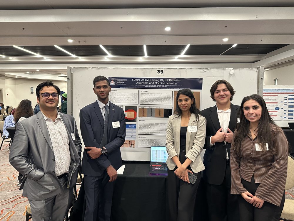 Me with the AI in Healthcare Simulation Education and Training lab team presenting our Suture Analysis Using Object Detection poster at the December 2024 research symposium